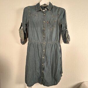 Levi's Womens Denim Snap Front Shirt Dress Medium Blue Belted Roll-Tab Sleeve